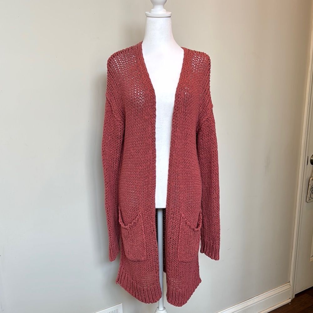 Free People Women's Open-Front Knit long Cardigan Sweater - Pink size large
